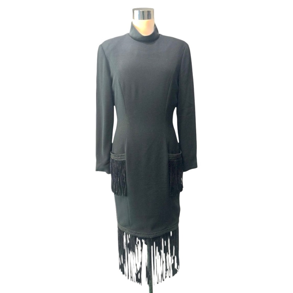 RARE Vintage Bill Blass Black Long Sleeve Mock Neck‎ Dress with Fringe S